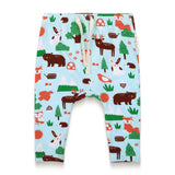 Cute toddler boy slouchy pants featuring a lively forest animals print with foxes, bears, and trees, perfect for a cozy and stylish addition to your child's wardrobe, ideal for everyday wear