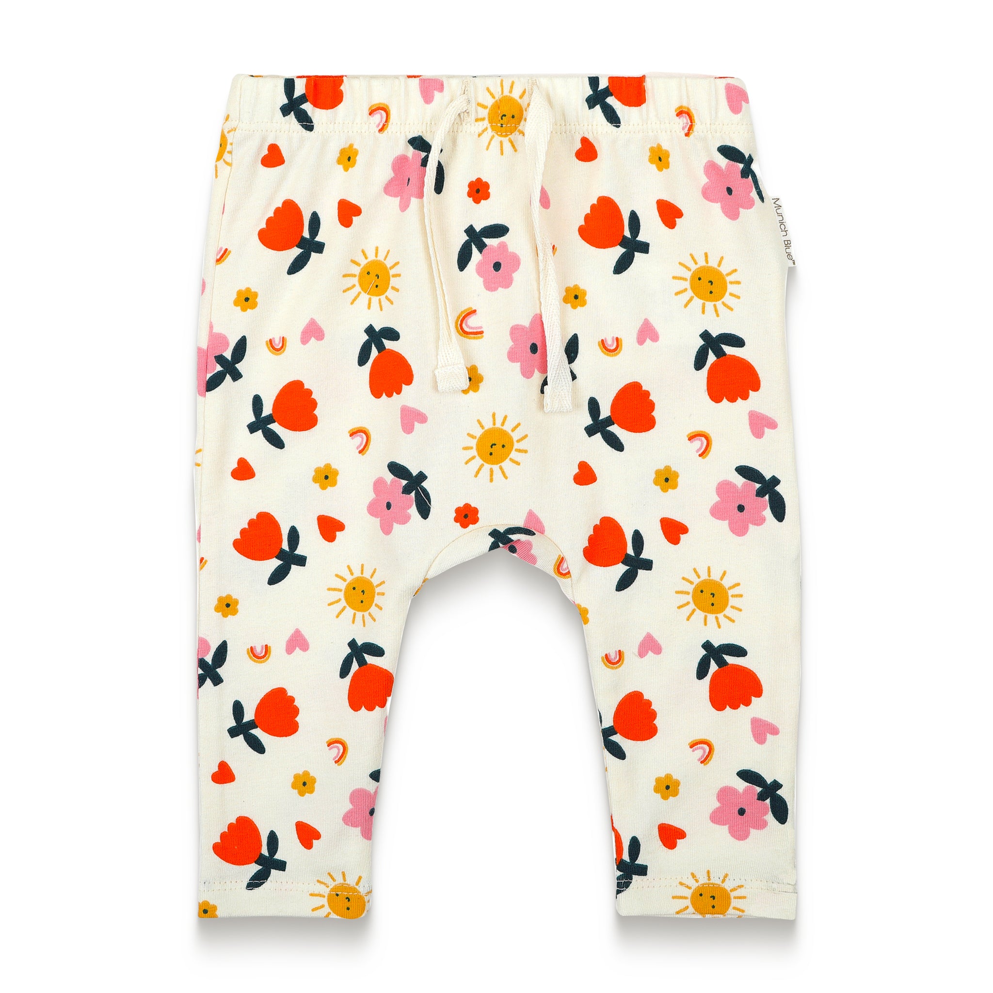 Cute toddler girl slouchy pants featuring a vibrant sunny flower print with cheerful sun, heart, and floral designs, perfect for adding a cozy and playful touch to your little one's everyday wardrobe.