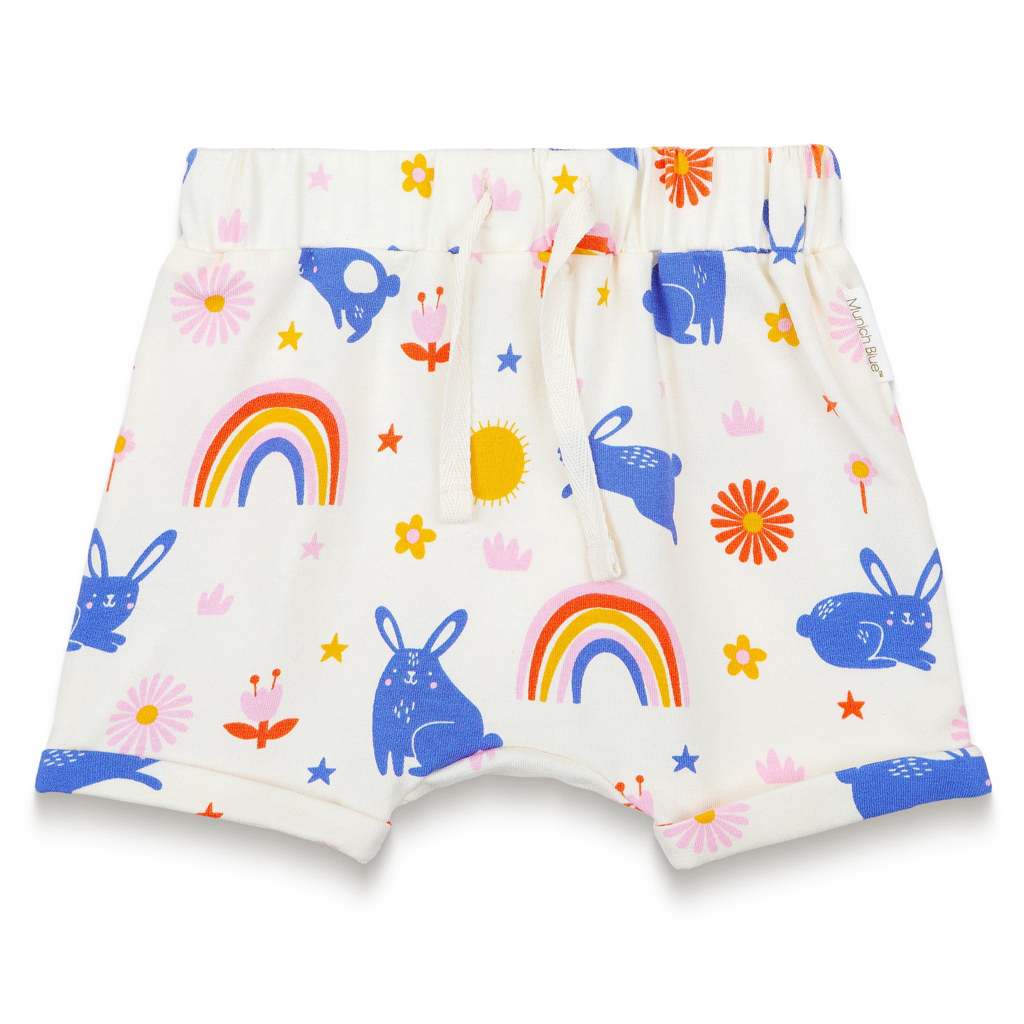 Toddler girl slouchy shorts with Bunnies and Rainbow print, featuring playful blue bunnies, colorful rainbows, flowers, and stars on a white background. Soft, breathable fabric for comfort.