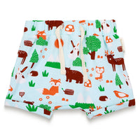 Toddler boy slouchy shorts with a playful forest animal print featuring bears, foxes, and owls, made from soft cotton fabric. Perfect for everyday wear, offering comfort and style for active toddlers.