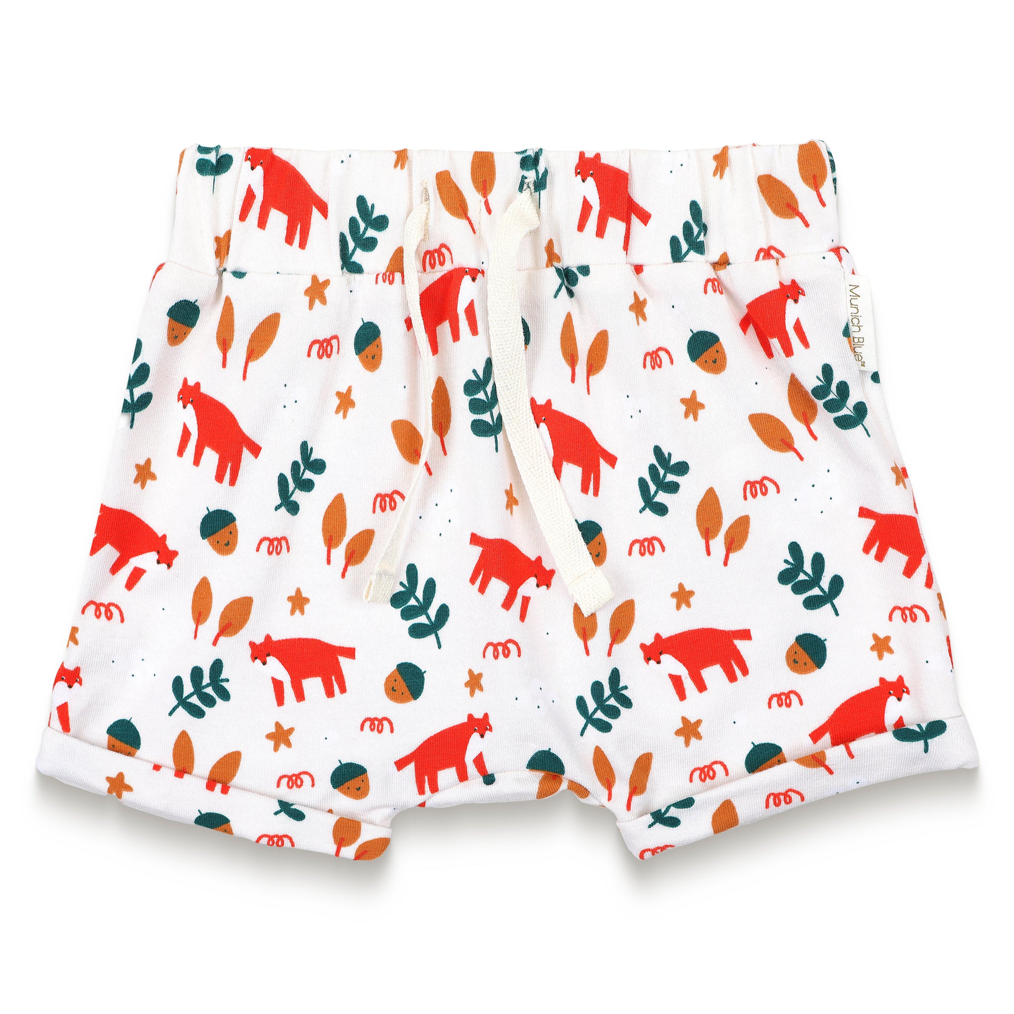 Toddler boy slouchy shorts with playful Fox Forest print, featuring orange foxes, acorns, and leaves on soft cotton fabric. Elastic waistband with drawstring for comfort and easy wear. Ideal for everyday play.