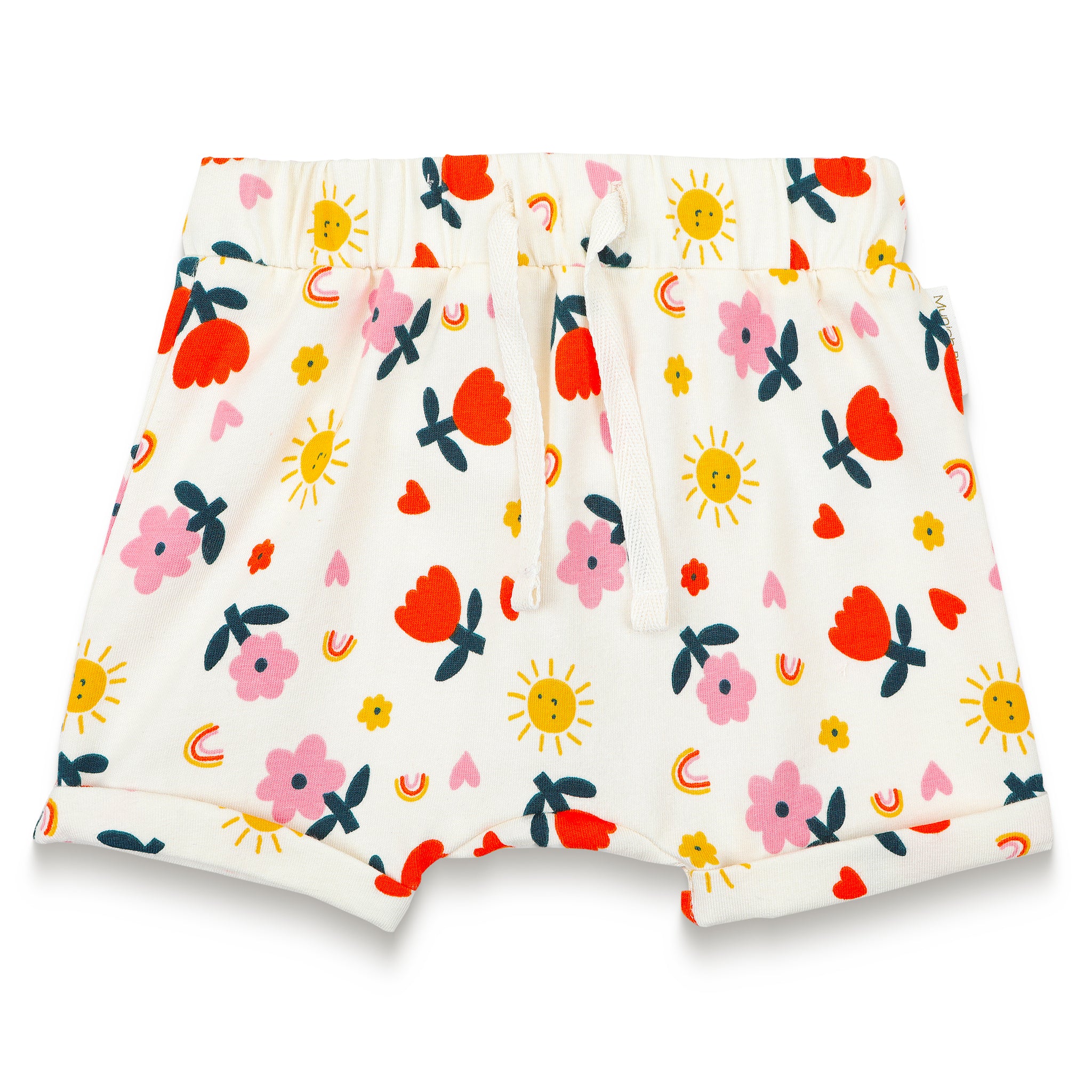 Toddler girl slouchy shorts set in Sunny Flower print featuring vibrant floral patterns with suns, hearts, and rainbows. Soft and comfortable shorts, perfect for casual play and summer outings.