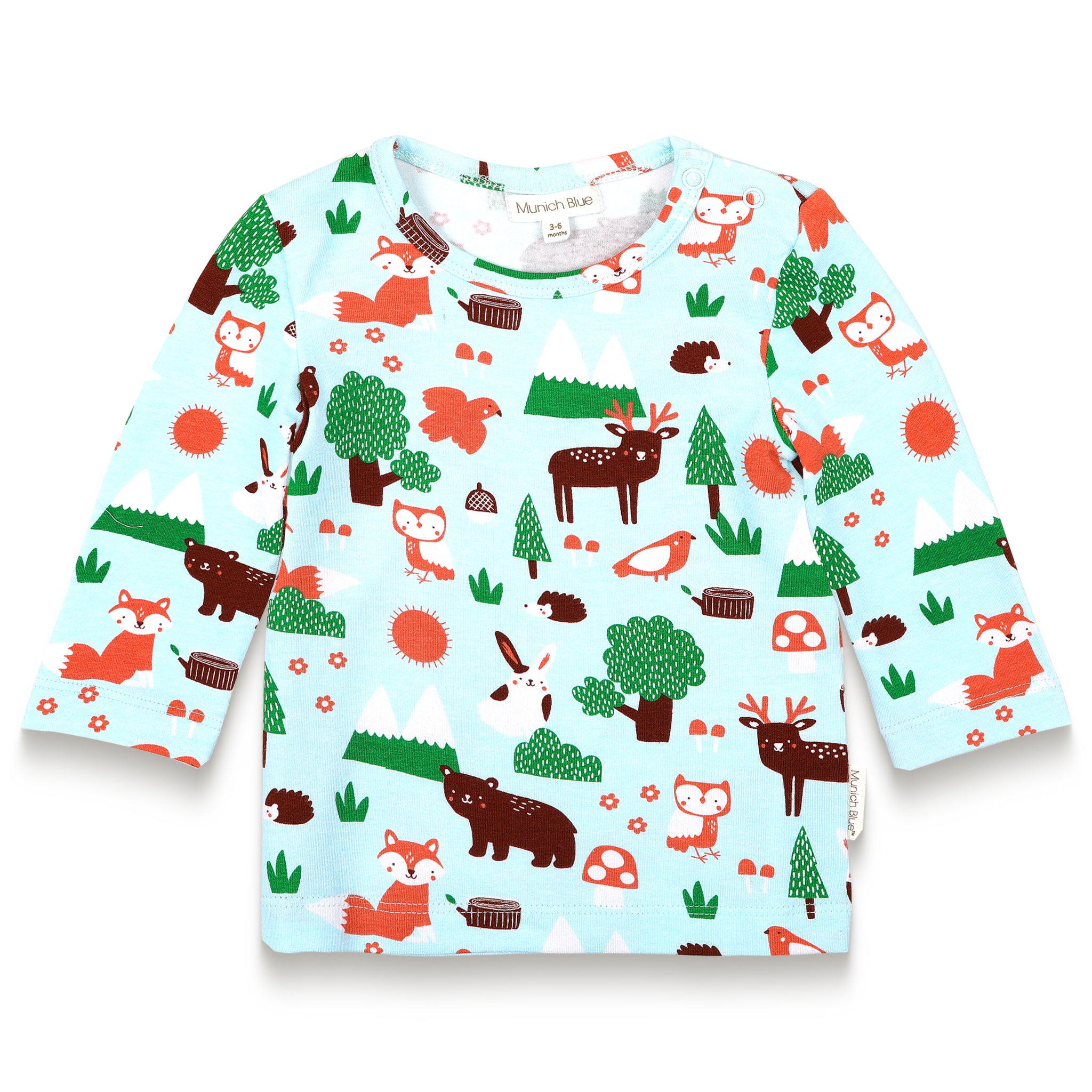 Charming toddler boy long sleeve T-shirt featuring a colorful and playful forest animals print with foxes, bears, and trees, perfect for adding a fun and cozy touch to your little one's wardrobe