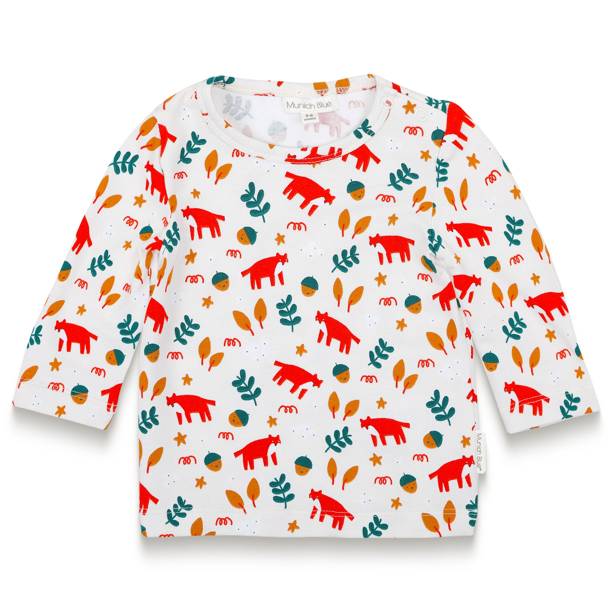 Charming toddler boy long sleeve T-shirt featuring a vibrant fox forest print with playful foxes, acorns, and leaves, perfect for a cozy and stylish look, ideal for everyday comfort and fun.