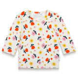 Charming toddler girl long sleeve T-shirt featuring a cheerful sunny flower print with vibrant sun, heart, and floral designs, perfect for adding a bright and cozy touch to everyday outfits.