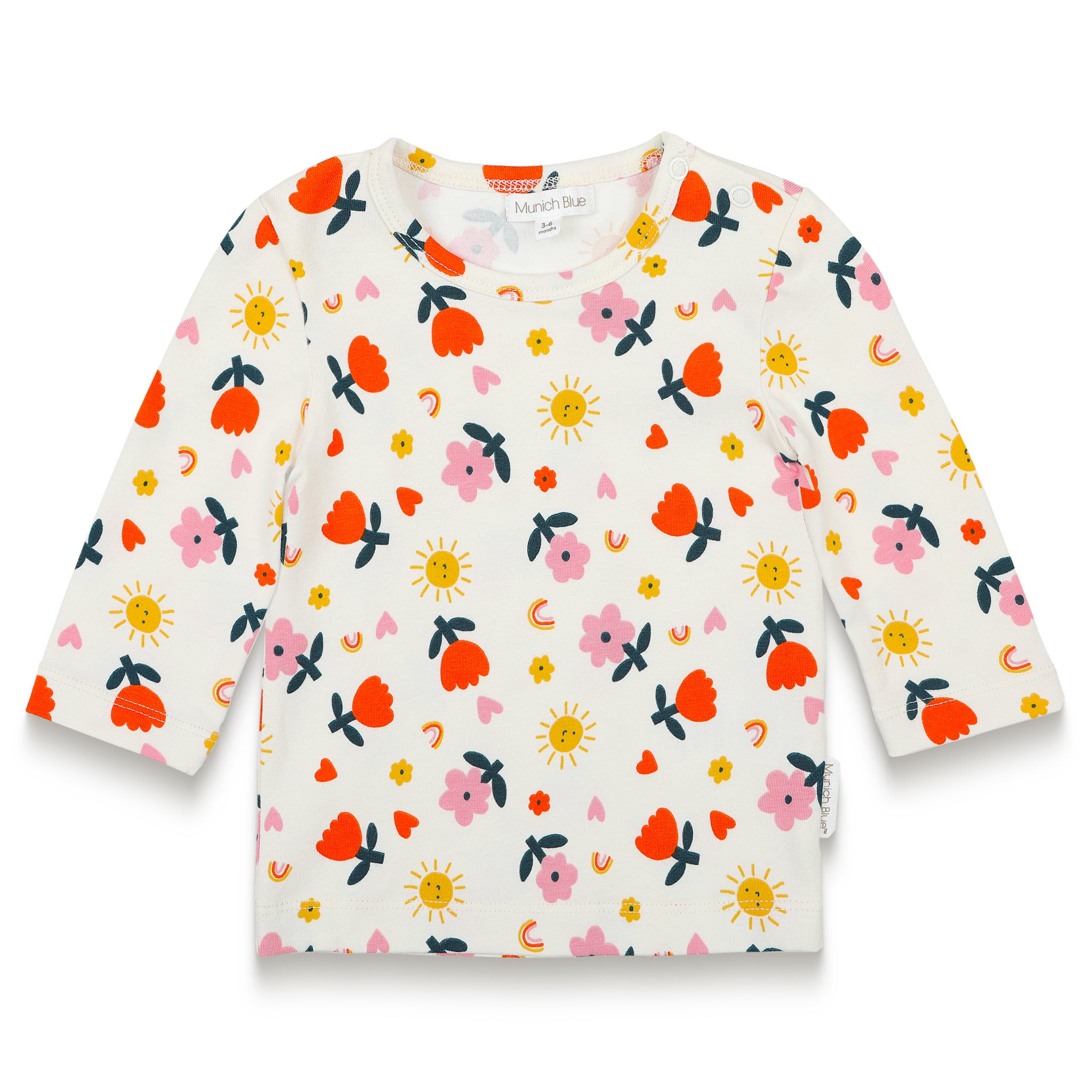 Charming toddler girl long sleeve T-shirt featuring a cheerful sunny flower print with vibrant sun, heart, and floral designs, perfect for adding a bright and cozy touch to everyday outfits.