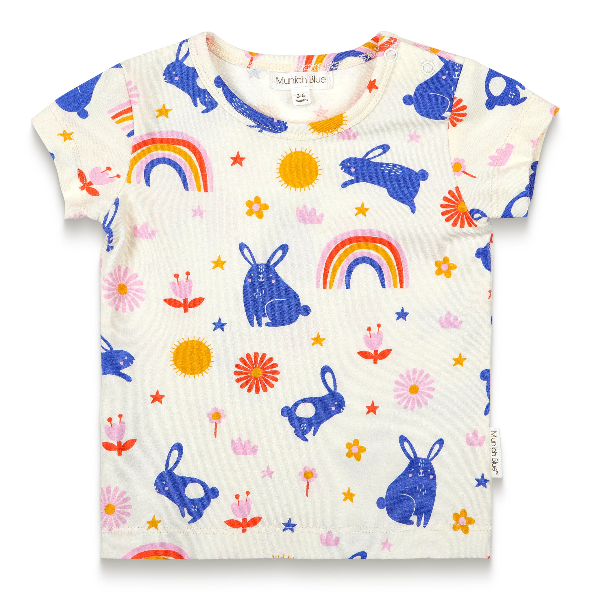 Toddler girl short sleeve T-shirt in a playful Bunnies and Rainbow print, featuring colorful bunnies, rainbows, flowers, and stars. Perfect for comfortable everyday wear, available in soft cotton fabric.