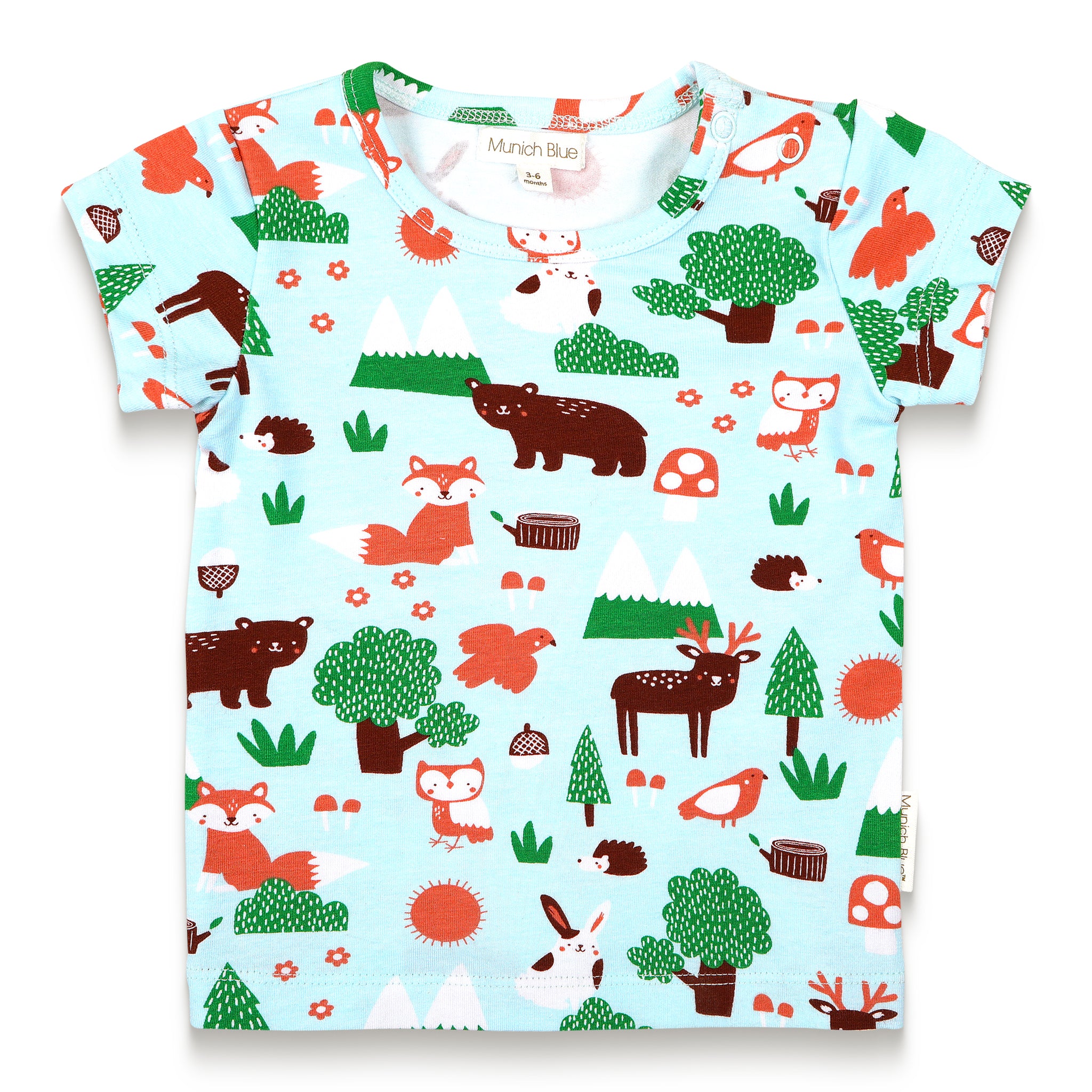 Toddler boy short sleeve t-shirt featuring a colorful forest animal print with foxes, bears, owls, and trees. Perfect for everyday wear, this soft and comfortable shirt adds a playful touch.