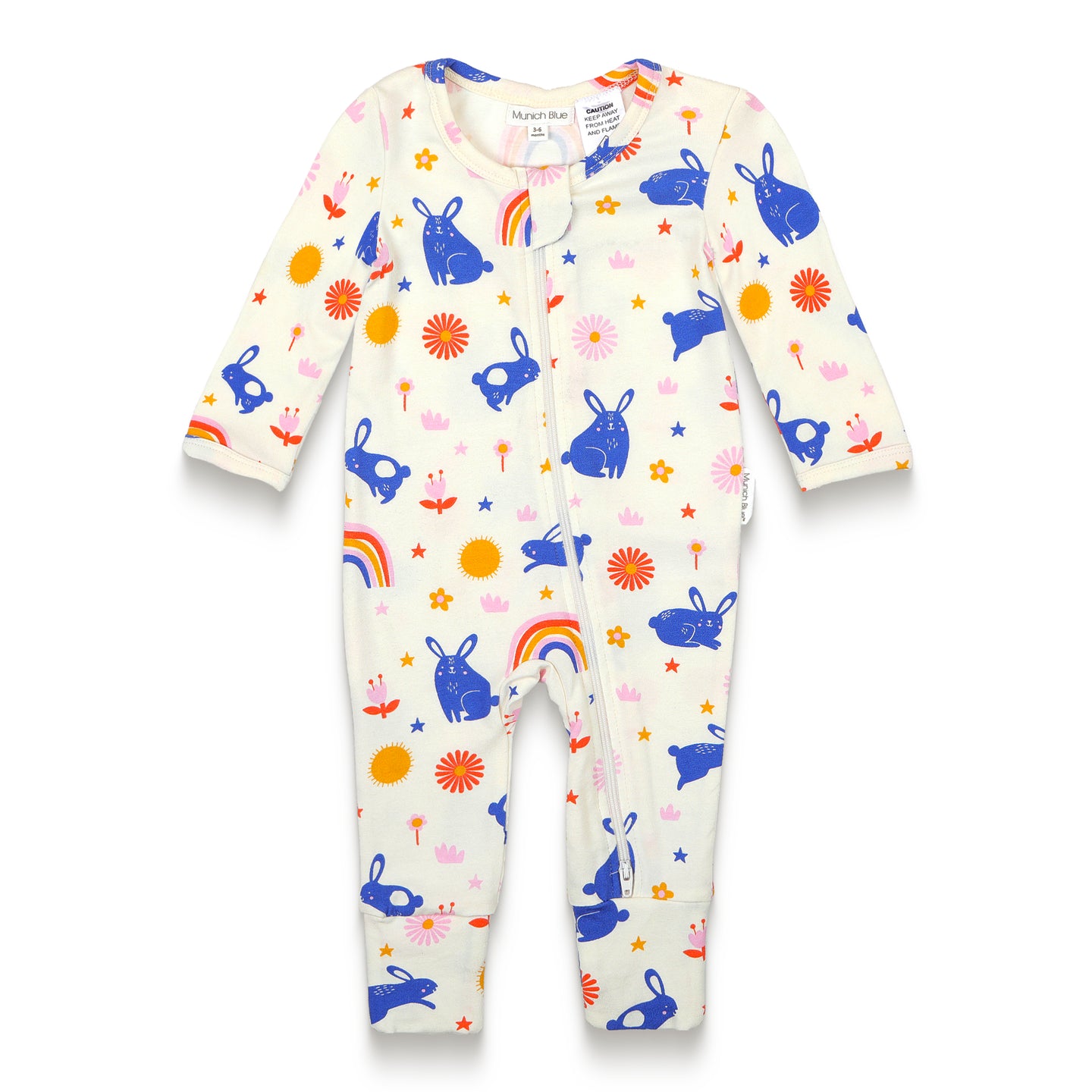 Toddler Girl Long Sleeve Zip Growsuit - Bunnies and Rainbow Print