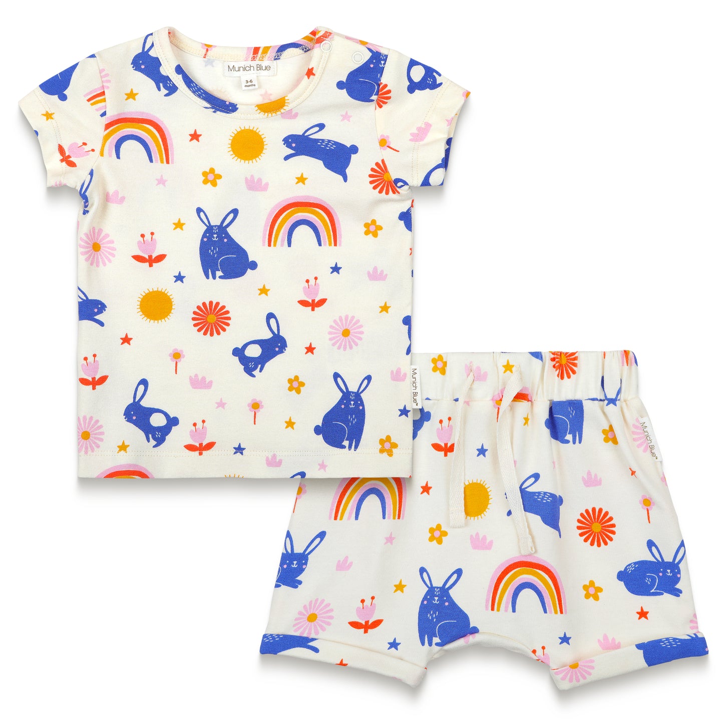 Toddler Girl Short Sleeve T-shirt & Slouchy Shorts Set - Bunnies and Rainbow Print