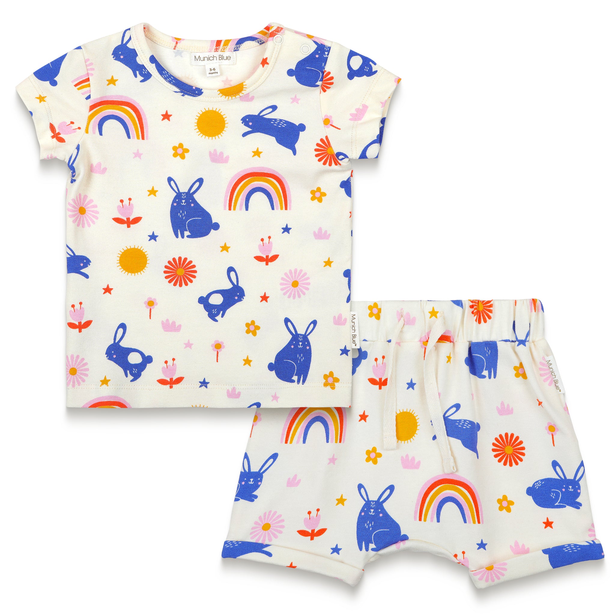 Toddler Girl Short Sleeve T-shirt & Slouchy Shorts Set - Bunnies and Rainbow Print