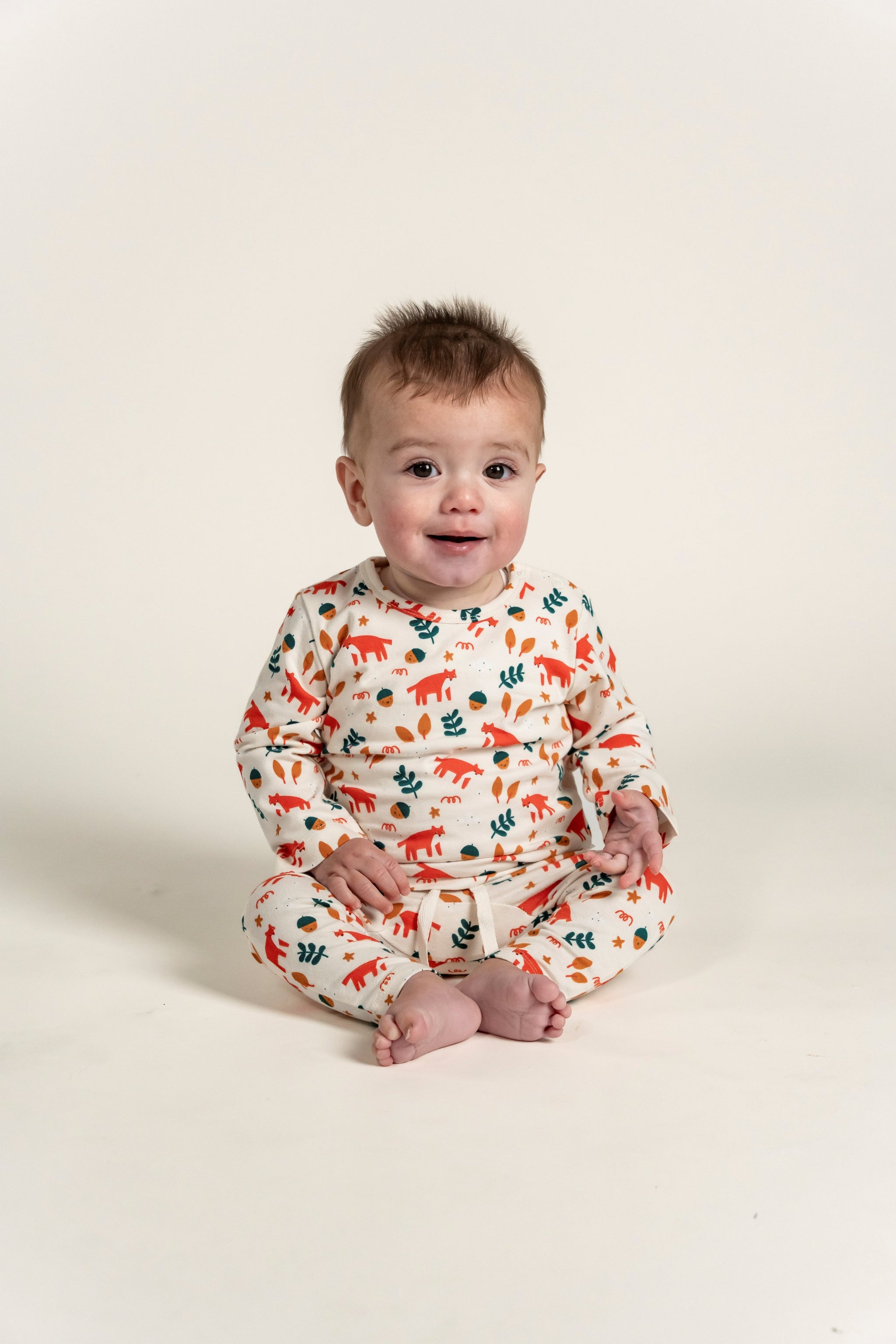 Toddler Boy Slouchy Pants with Fox Forest Print, made from soft, breathable fabric. Comfortable and cozy, perfect for active toddlers and everyday wear with a relaxed fit and adjustable waistband.