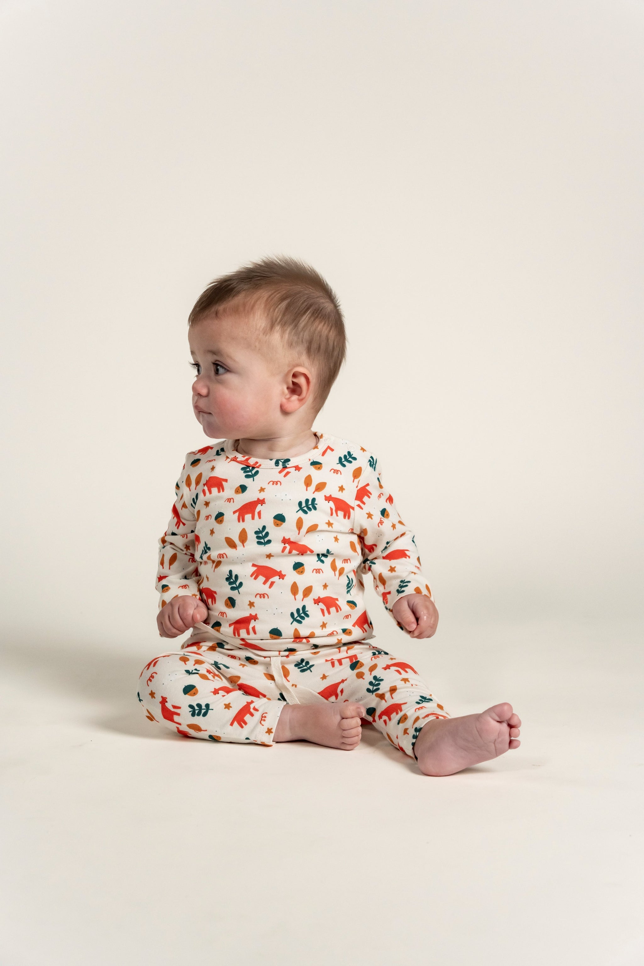 Toddler Boy Slouchy Pants with Fox Forest Print, made from soft, breathable fabric. Perfect for everyday wear, offering comfort and a relaxed fit for active play.