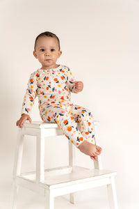 Toddler Girl Long Sleeve Zip Growsuit with vibrant Sunny Flower Print, crafted from soft, breathable fabric. Features a convenient front zipper for easy changes, perfect for playful and cozy days.