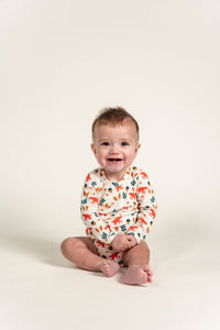 Toddler Boy Long Sleeve Bodysuit - Fox Forest Print featuring adorable foxes, acorns, and leaves in vibrant colors. Made from soft, breathable fabric for everyday comfort and perfect for outdoor adventures.