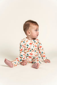 Adorable toddler boy wearing a long sleeve T-shirt and slouchy pants set with a playful fox forest print, perfect for cozy and stylish everyday wear, ideal for keeping your little one comfortable.