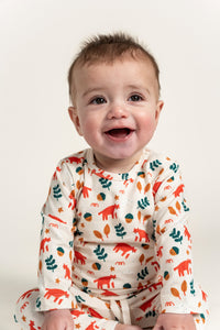 Toddler Boy Long Sleeve T-shirt featuring a vibrant Fox Forest Print with foxes, leaves, and acorns. Made with soft, breathable fabric, perfect for playful adventures and cozy comfort.