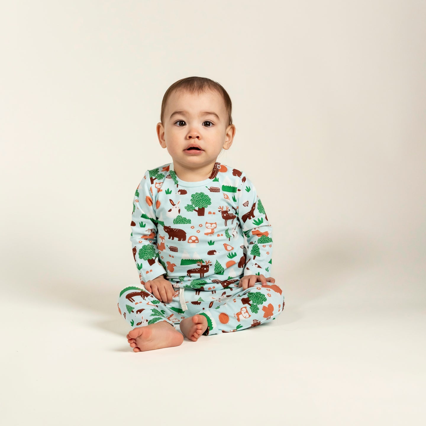 Cute toddler boy wearing a long sleeve T-shirt and slouchy pants set featuring an adorable forest animals print, perfect for a comfortable and stylish look suitable for everyday adventures.