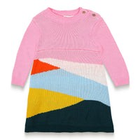 Serenity Skies Cotton Knitted Sweater Dress features pink long sleeves and vibrant geometric patterns in blue, yellow, orange, and green. Soft, cozy cotton perfect for toddlers' casual fall/winter outfits.