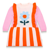 Petal Playtime Cotton Knitted Dress features vibrant pink sleeves, orange stripes, ruffled details, and a bold blue flower design. Soft, cozy, and long-sleeved, perfect for toddlers' fall/winter outfits.