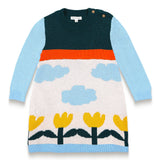 Cloudy Daydream Cotton Knitted Sweater Dress features a vibrant design with light blue sleeves, cloud patterns, yellow tulips, and a soft cotton blend. Long-sleeved, perfect for toddlers in cooler weather.