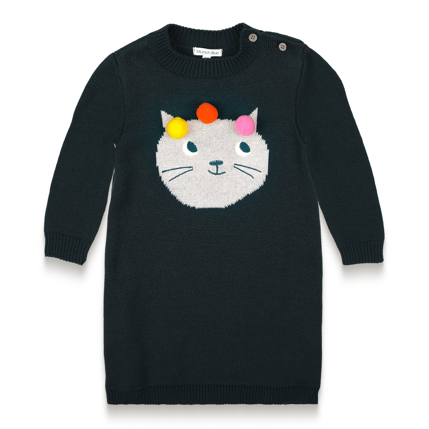 Pompom Wonderland Cotton Knitted Sweater Dress features a cute white cat design with colorful pom-poms on a dark green background. Long-sleeved, cozy, soft cotton perfect for toddlers' fall/winter outfits.