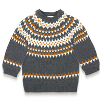 Fair Isle Sweater Jumper in dark grey with white and orange geometric patterns, long sleeves, and soft, cozy cotton fabric. Perfect for toddlers' fall/winter outfits, providing warmth and style.