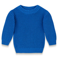 Bright and cozy Sky Blue Cotton Knit Jumper featuring a ribbed neckline, cuffs, and hem. Perfect for keeping little ones warm in style, crafted from soft, breathable cotton. Ideal for everyday wear.