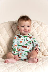 Toddler Boy Long Sleeve Bodysuit featuring a playful Forest Animal Print with bears, foxes, and trees. Made from soft, breathable fabric for ultimate comfort. Perfect for everyday wear.