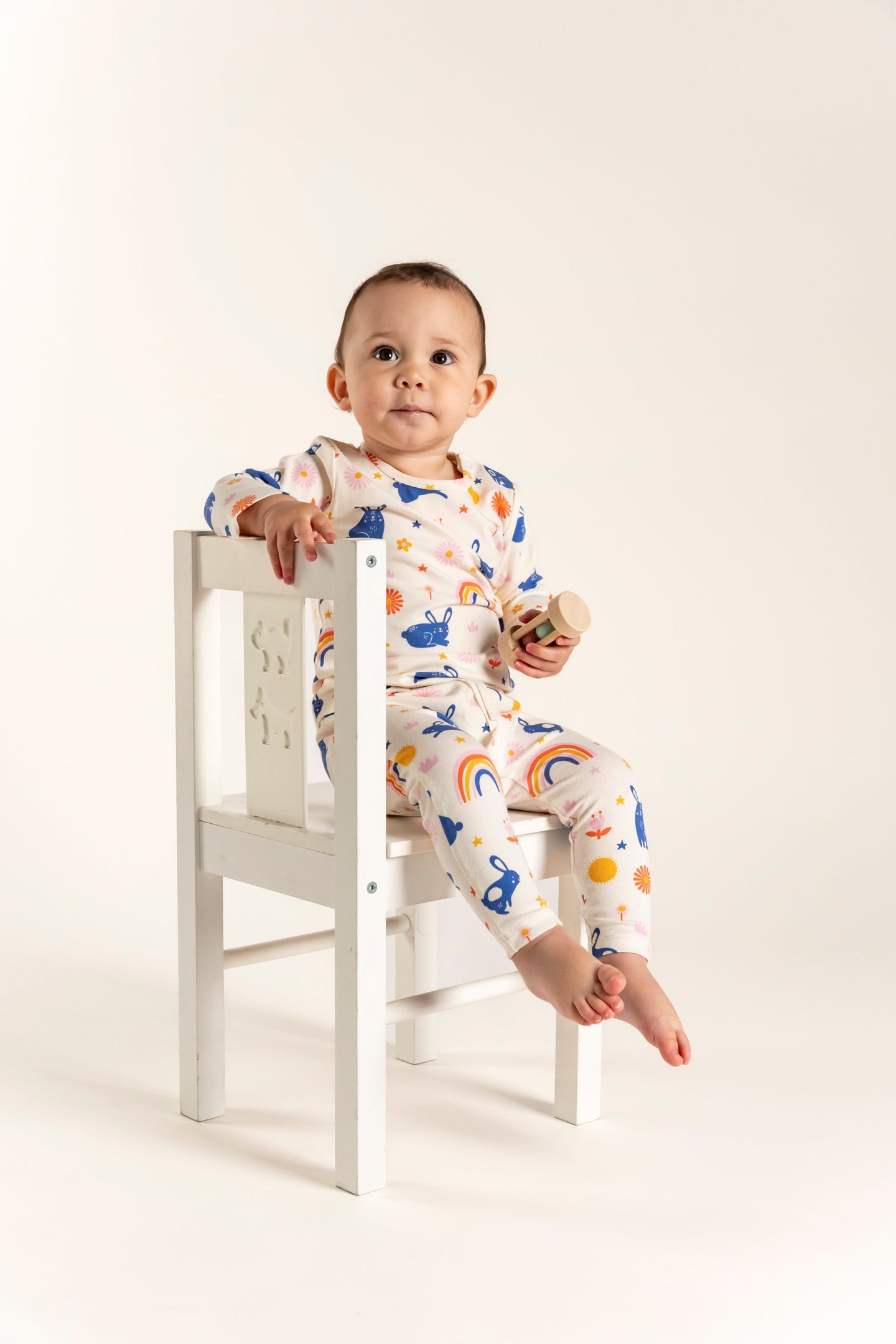 Toddler Girl Slouchy Pants with Bunnies and Rainbow Print, soft and breathable fabric. Designed for comfort and style, perfect for everyday play and movement.