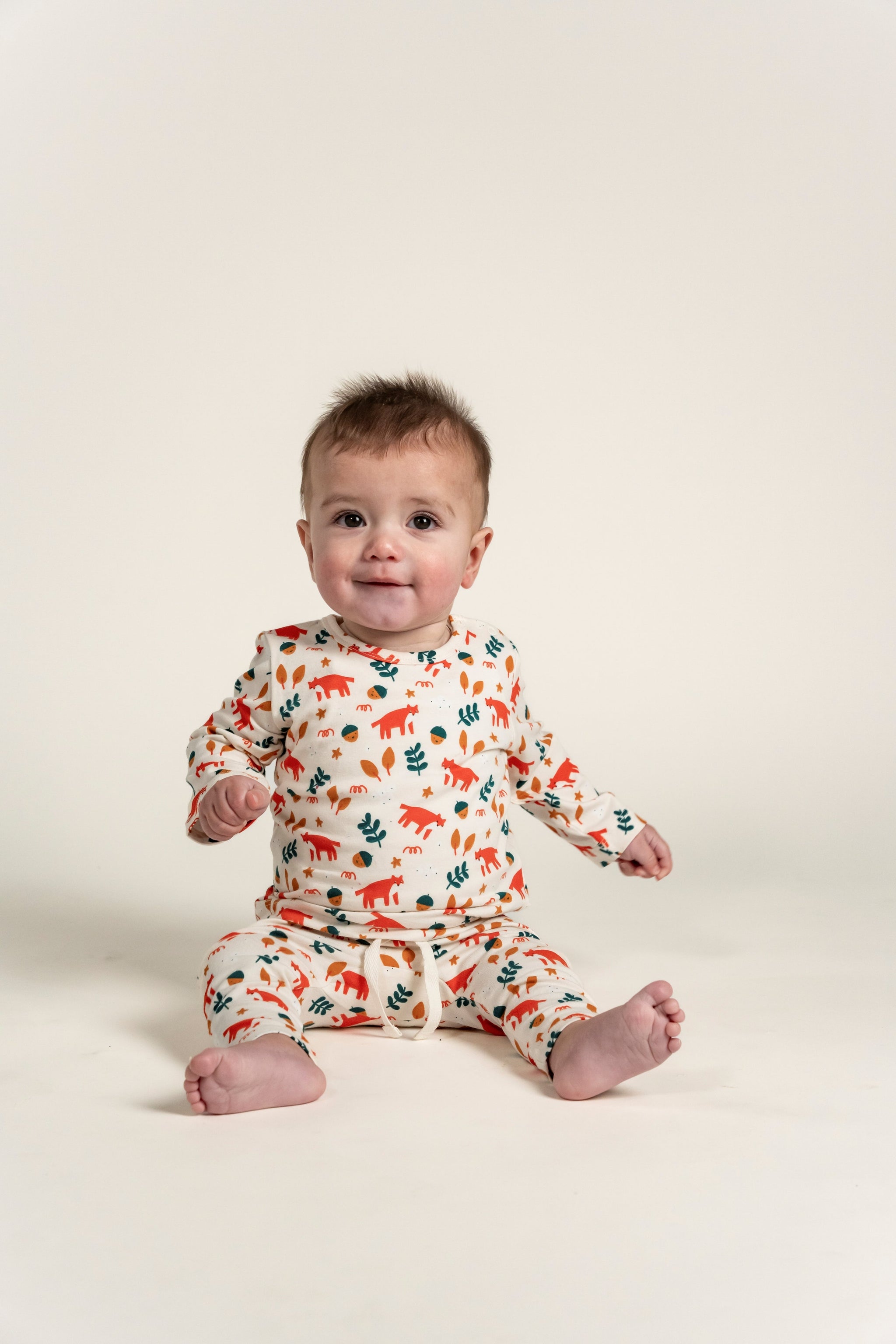 Toddler Boy Slouchy Pants with a playful Fox Forest Print, made from soft, breathable fabric. Perfect for cozy everyday wear and active play. Features a relaxed fit and drawstring waistband.